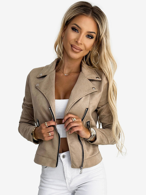 numoco Bež ženska jakna iz semiša z dolgimi rokavi in zadrgami Numoco