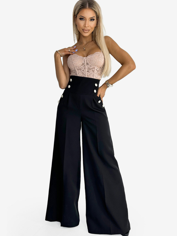 numoco Črne elegantne ženske hlače s širokim pasom in zlatimi gumbi Numoco