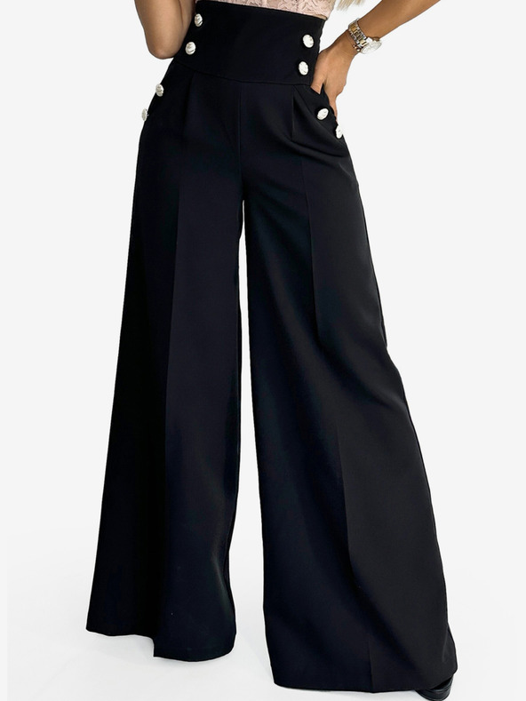 numoco Črne elegantne ženske hlače s širokim pasom in zlatimi gumbi Numoco