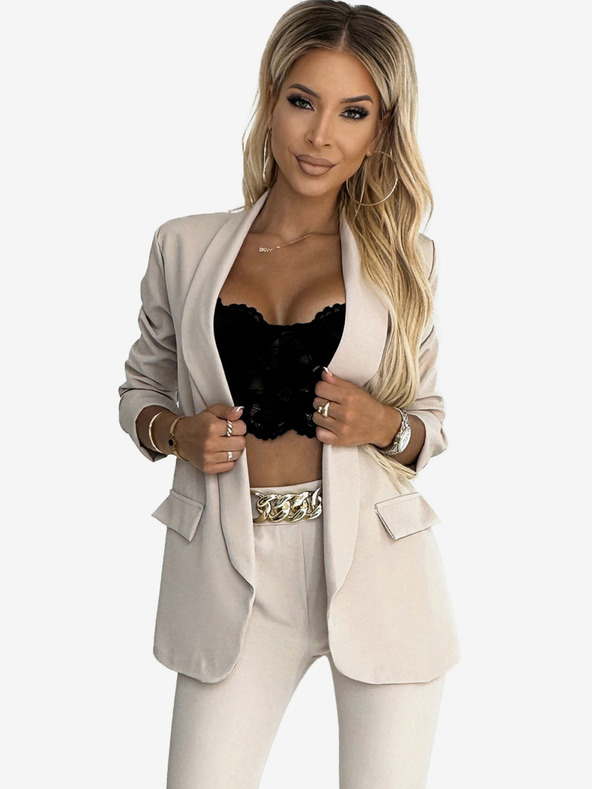 numoco Elegantna bež ženska jakna in hlače s pasom Numoco