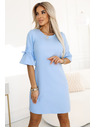 numoco Svetlomodra ženska obleka s trapezom in vezalkami na rokavih Numoco