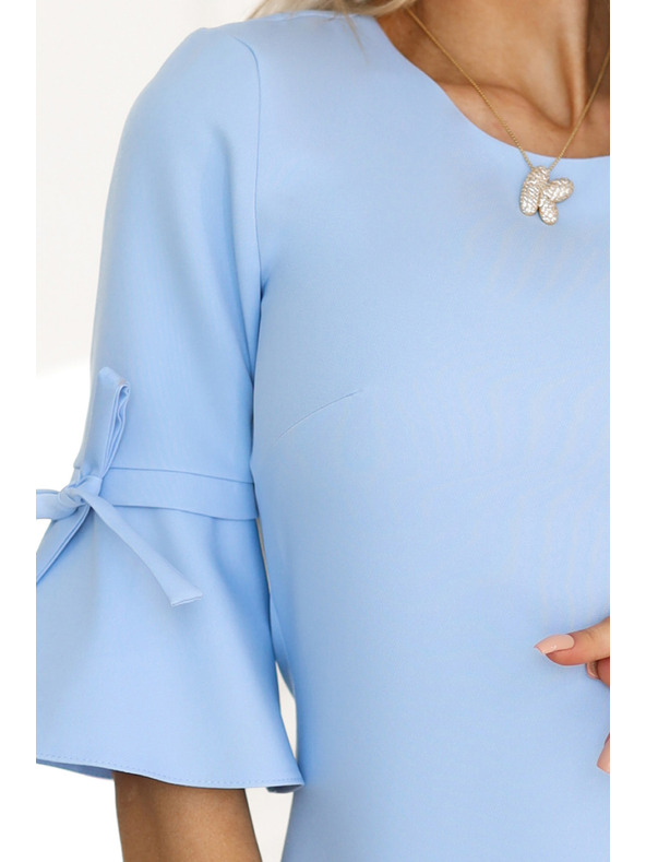 numoco Svetlomodra ženska obleka s trapezom in vezalkami na rokavih Numoco