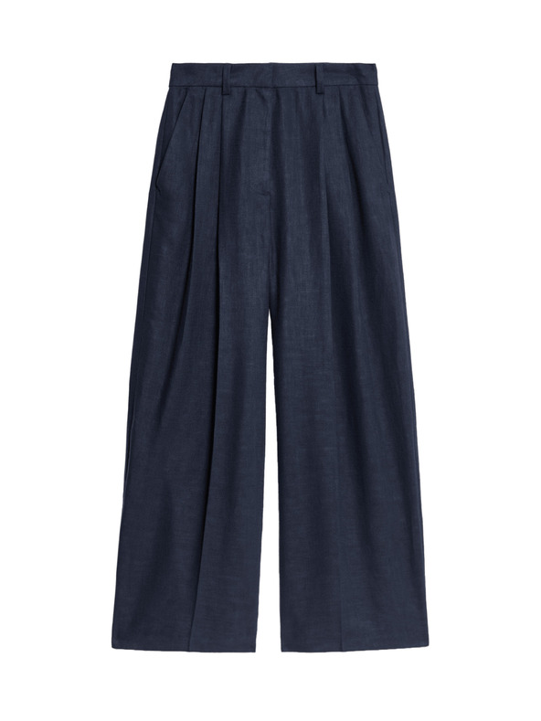 Marks & Spencer Keperjaste hlače z visokim deležem lanu in širokimi hlačnicami Marks & Spencer mornarsko modra