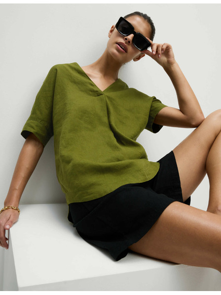 Marks & Spencer Ohlapna bluza z V-izrezom iz čistega lanu Marks & Spencer zelena
