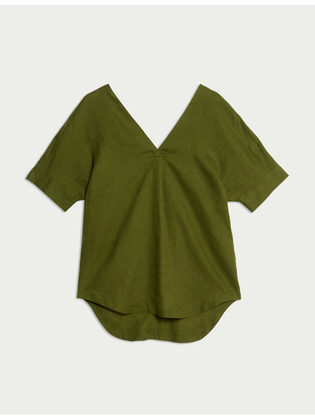 Marks & Spencer Ohlapna bluza z V-izrezom iz čistega lanu Marks & Spencer zelena