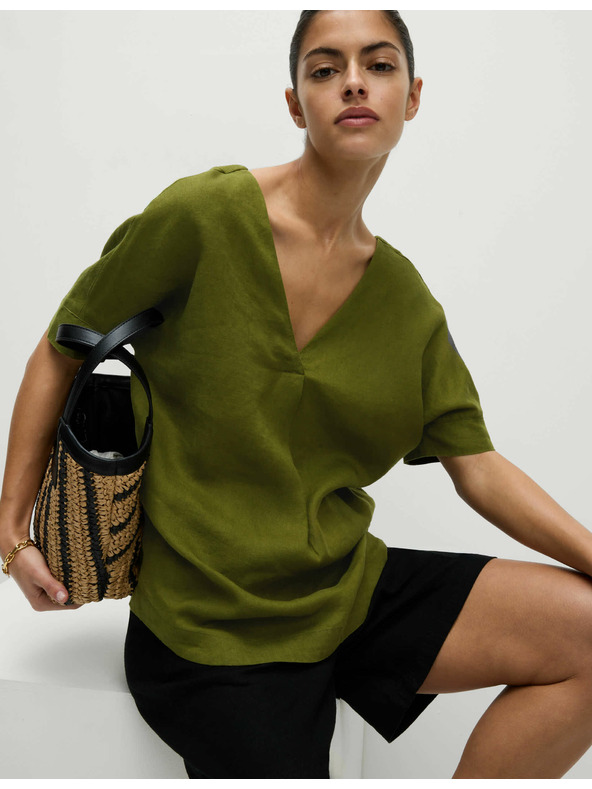 Marks & Spencer Ohlapna bluza z V-izrezom iz čistega lanu Marks & Spencer zelena