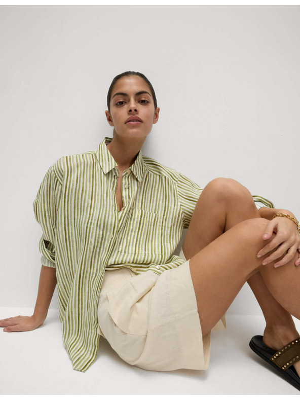 Marks & Spencer Prugasta srajca velikosti maxi iz čistega lanu Marks & Spencer zelena