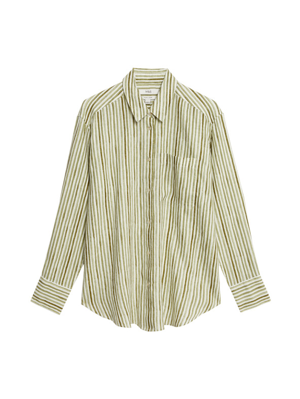 Marks & Spencer Prugasta srajca velikosti maxi iz čistega lanu Marks & Spencer zelena