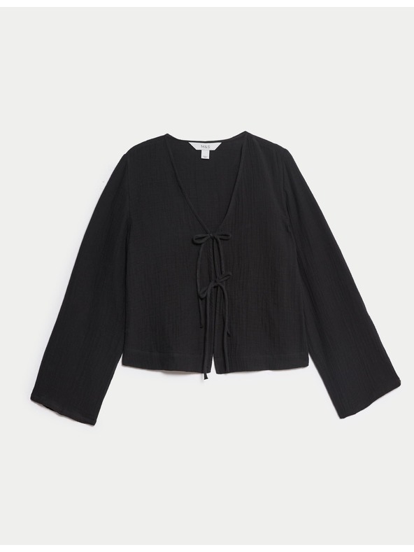 Marks & Spencer Plážový top s V-výstrihom a zaväzovaním vpredu z čistej bavlny Marks & Spencer čierna