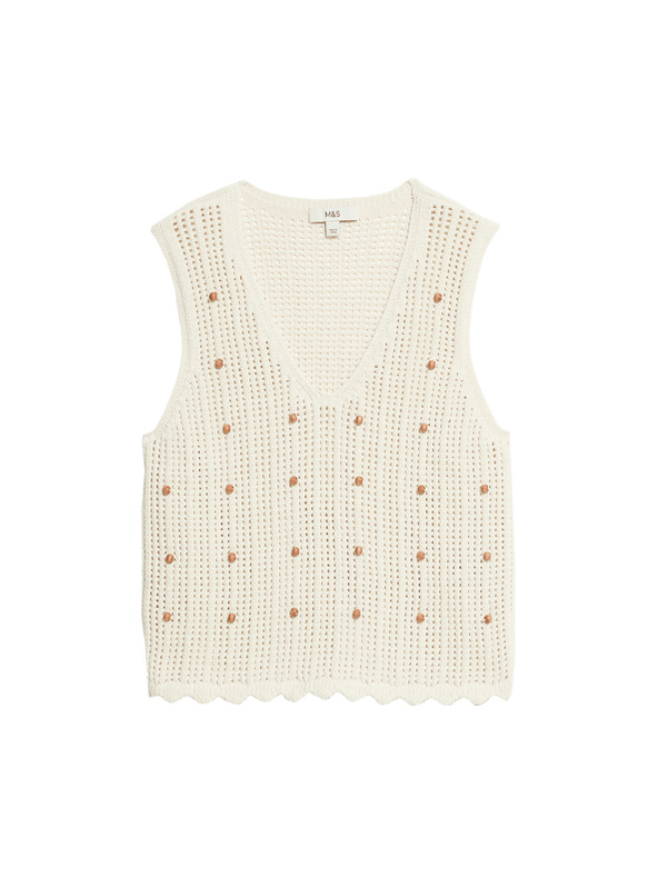 Marks & Spencer Cropped textured vest from cotton blend, slim cut Marks & Spencer cream