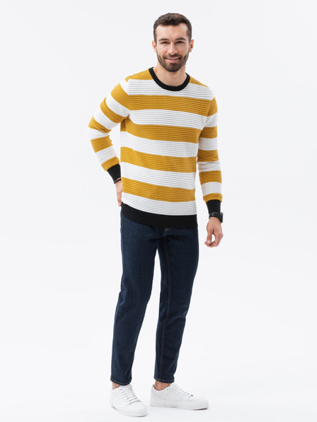 Ombre Clothing Moški črtasti pulover v beli in gorčični barvi blagovne znamke Ombre Clothing E189
