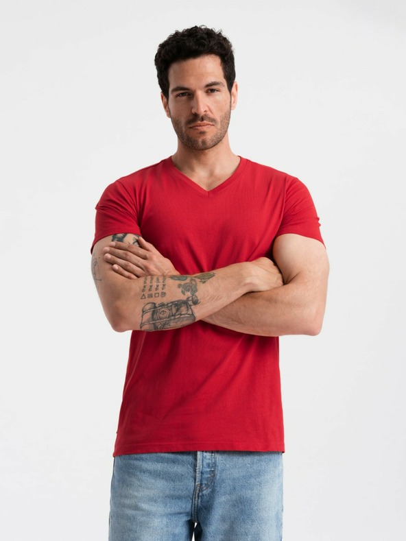 Ombre Clothing Rdeča moška bombažna majica z osnovnim vratom Ombre Clothing