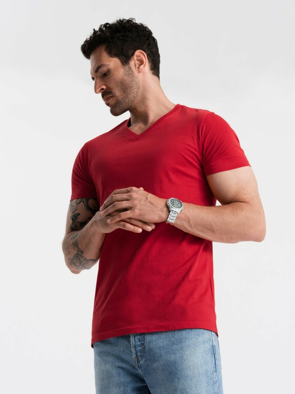 Ombre Clothing Rdeča moška bombažna majica z osnovnim vratom Ombre Clothing