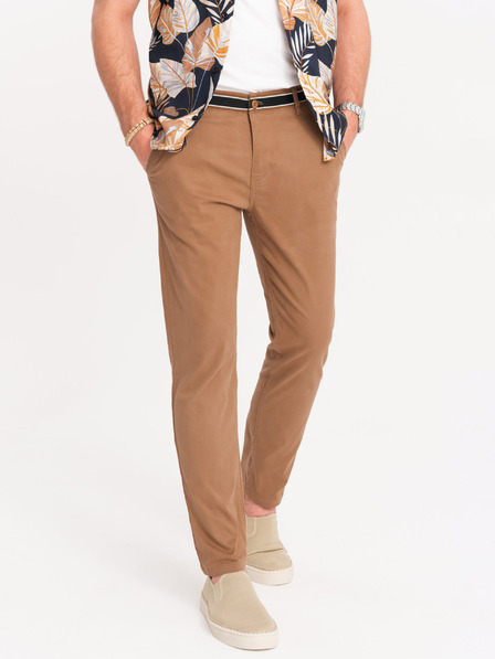 Ombre Clothing Rjave moške hlače chino z okrasnim pasom Ombre Clothing