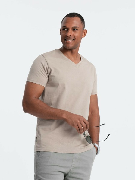 Ombre Clothing Moška klasična bombažna majica BASIC z V-izrezom - peščena V5 OM-TSBS-0145 Ombre Clothing