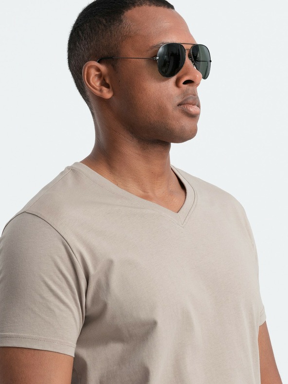 Ombre Clothing Moška klasična bombažna majica BASIC z V-izrezom - peščena V5 OM-TSBS-0145 Ombre Clothing