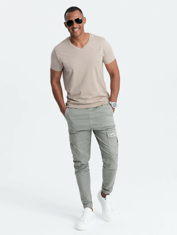 Ombre Clothing Moška klasična bombažna majica BASIC z V-izrezom - peščena V5 OM-TSBS-0145 Ombre Clothing