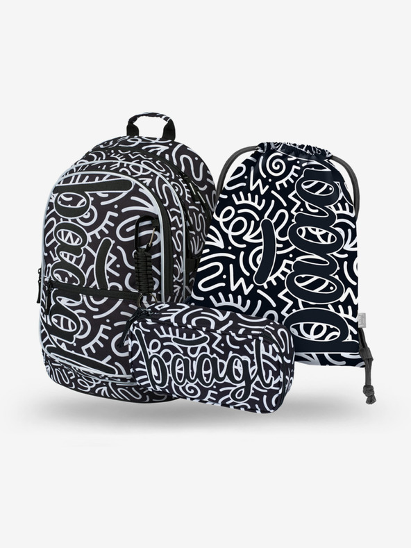 BAAGL  Črni šolski komplet z vzorcem - nahrbtnik, peresnica, torba Baagl Core Element