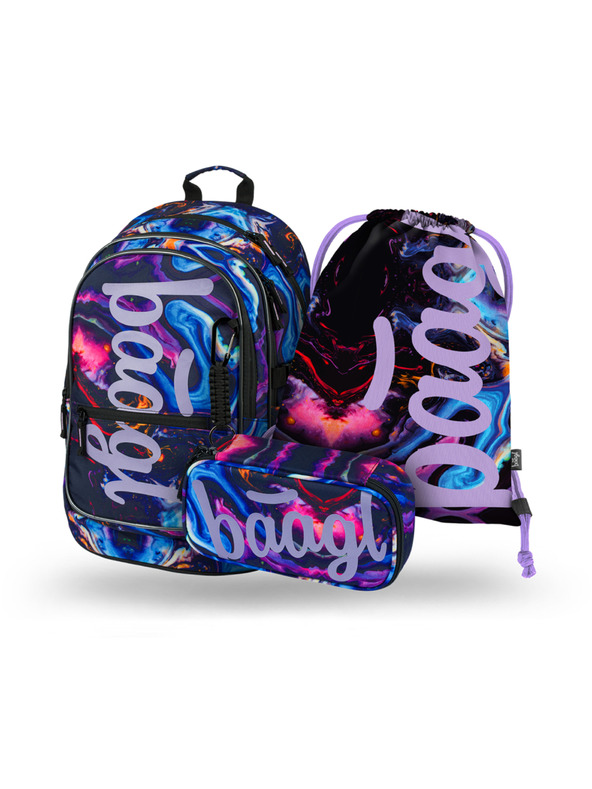BAAGL  Vijolični šolski komplet - nahrbtnik, peresnica, torba Baagl Core Marble
