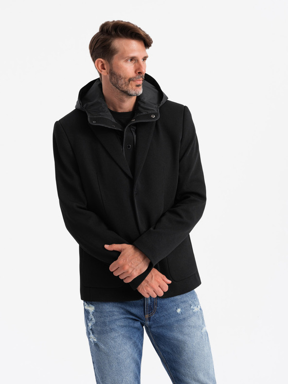 Ombre Clothing Moška jakna z visokim ovratnikom in kapuco črna Ombre Clothing