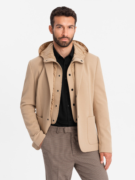 Ombre Clothing Moška jakna s kapuco z visokim ovratnikom svetlo rjava Ombre oblačila