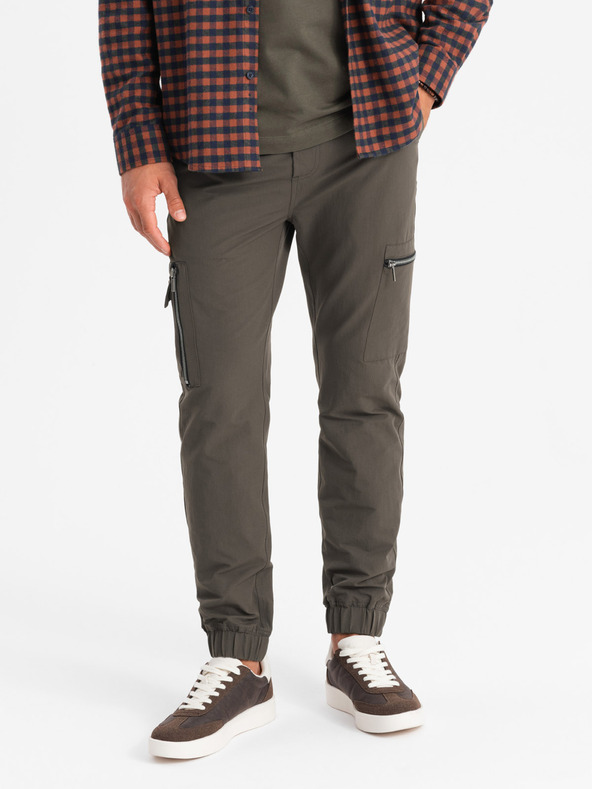 Ombre Clothing Moške jogger hlače z žepi in potiskom temno olivno zelene barve Ombre oblačila