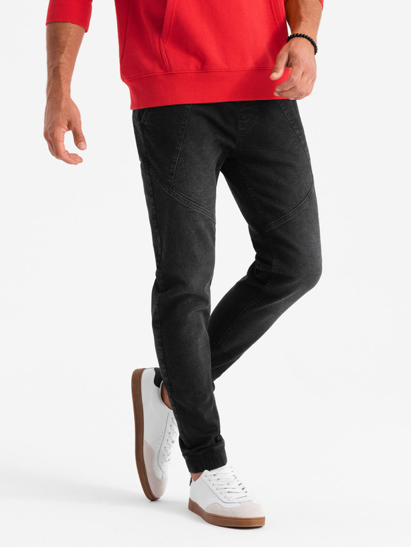 Ombre Clothing Moške športne hlače iz džinsa z asimetričnim šivom črne Ombre Clothing