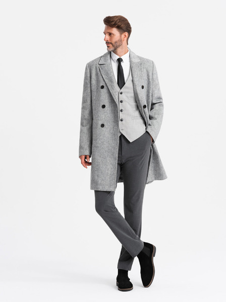 Ombre Clothing Eleganten moški dvoredni plašč v slemenu sive barve Ombre Clothing