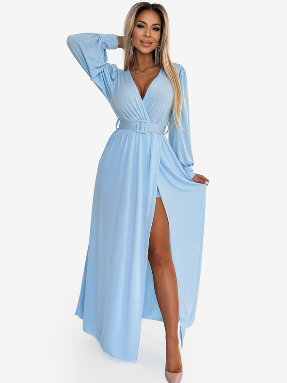 numoco FIORELLA Dolga obleka s širokim pasom in izrezom - svetlo modra Numoco