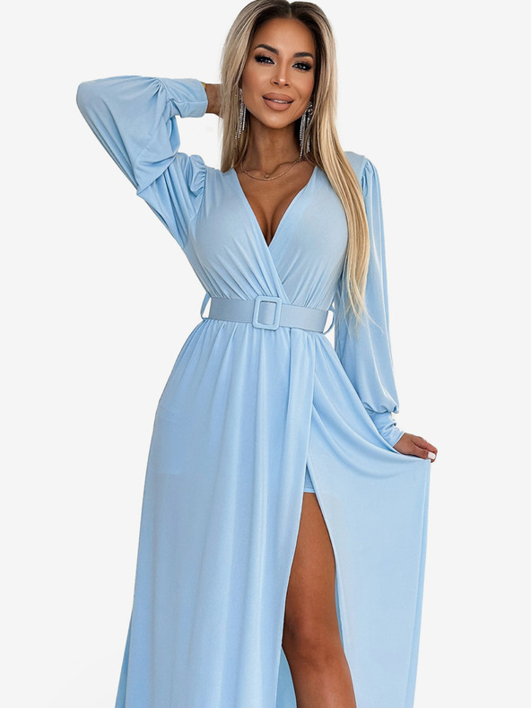 numoco FIORELLA Dolga obleka s širokim pasom in izrezom - svetlo modra Numoco