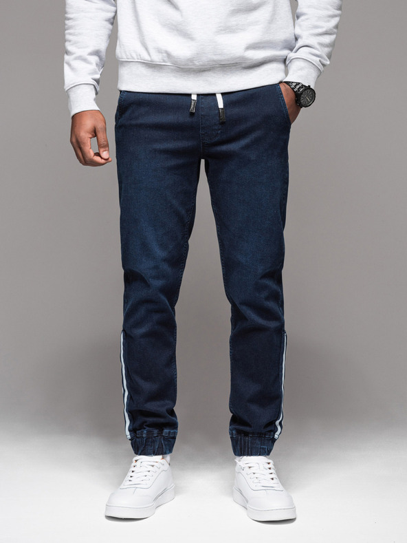 Ombre Clothing Moške športne hlače iz džinsa z obrobo - temno modre V4 OM-PADJ-0156 Ombre Clothing