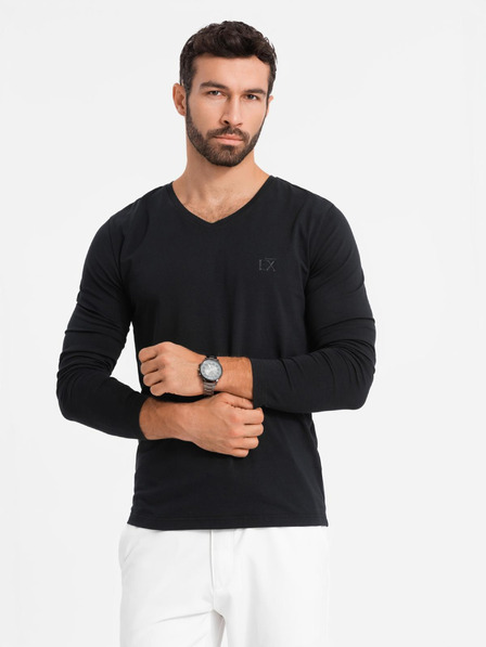 Ombre Clothing Moška majica SLIM FIT z V-izrezom, elastanom in potiskom črna Ombre Clothing