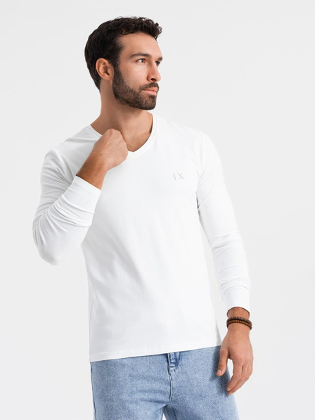 Ombre Clothing Moška majica SLIM FIT z dolgimi rokavi in V-izrezom, elastanom in potiskom bela Ombre Clothing