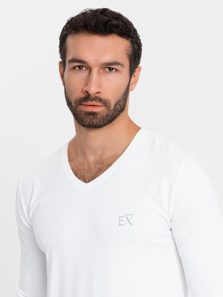 Ombre Clothing Moška majica SLIM FIT z dolgimi rokavi in V-izrezom, elastanom in potiskom bela Ombre Clothing