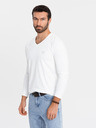 Ombre Clothing Moška majica SLIM FIT z dolgimi rokavi in V-izrezom, elastanom in potiskom bela Ombre Clothing