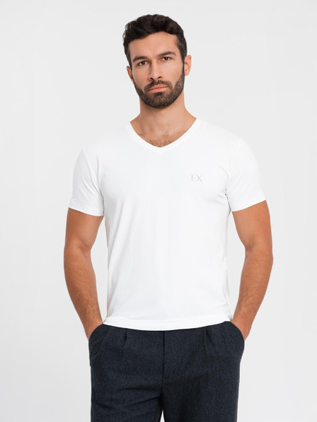 Ombre Clothing Moška majica SLIM FIT z V-izrezom, elastanom in potiskom bela Ombre Clothing