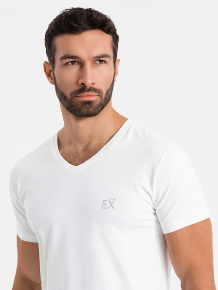 Ombre Clothing Moška majica SLIM FIT z V-izrezom, elastanom in potiskom bela Ombre Clothing