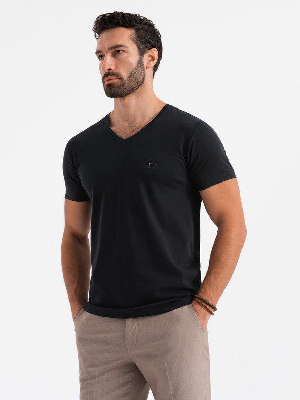 Ombre Clothing Moška SLIM FIT majica z V-izrezom, elastanom in črnim potiskom Ombre oblačila