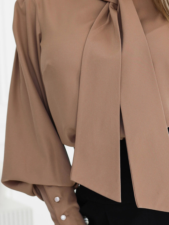 numoco Rjava ženska bluza z dolgimi rokavi s kravato in gumbi Numoco