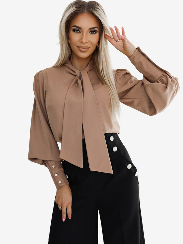 numoco Rjava ženska bluza z dolgimi rokavi s kravato in gumbi Numoco