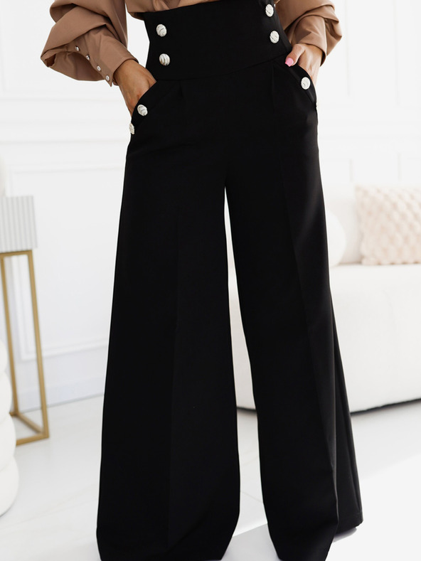 numoco Črne elegantne ženske hlače s širokim pasom in zlatimi gumbi Numoco