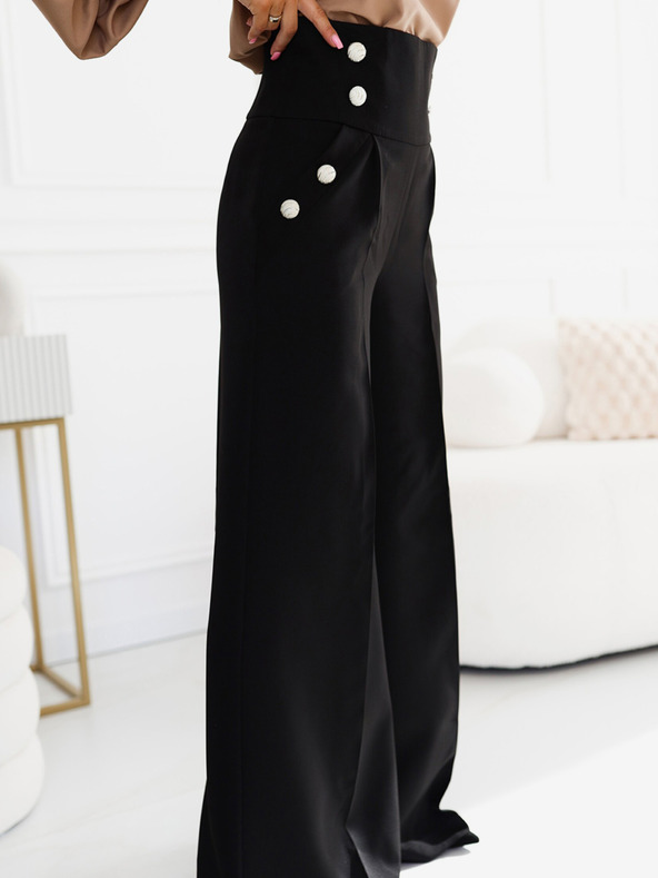 numoco Črne elegantne ženske hlače s širokim pasom in zlatimi gumbi Numoco