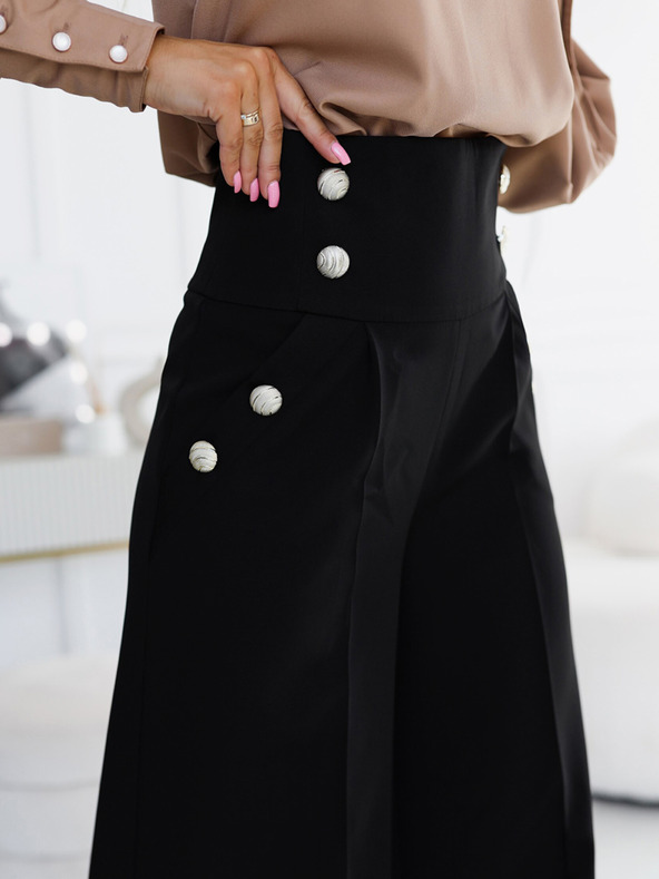 numoco Črne elegantne ženske hlače s širokim pasom in zlatimi gumbi Numoco