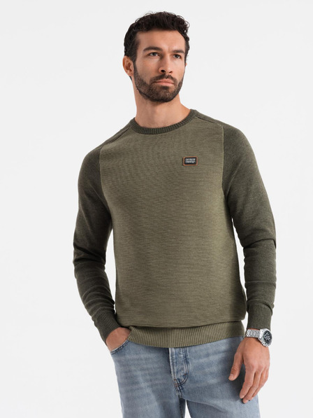 Ombre Clothing Moški pleten pulover RELAXED FIT z vzorcem zelene barve Ombre Clothing