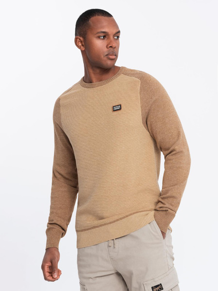 Ombre Clothing Moški pleten pulover RELAXED FIT z vzorcem beige Ombre Clothing