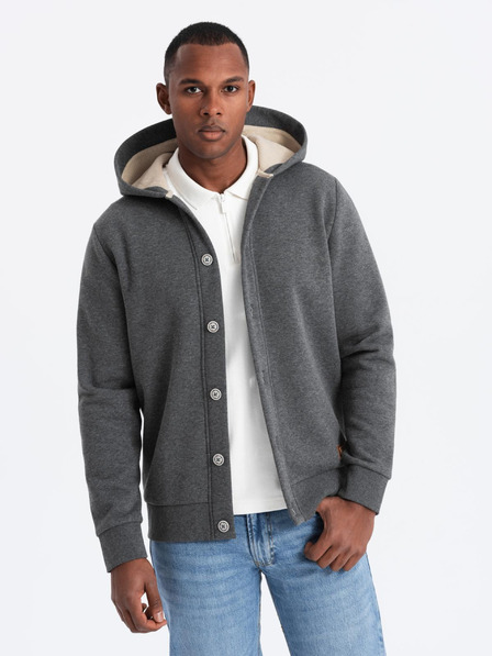 Ombre Clothing Moška jopa s kapuco z gumbi - grafitna melanž V4 OM-SSZP-0186 Ombre Clothing