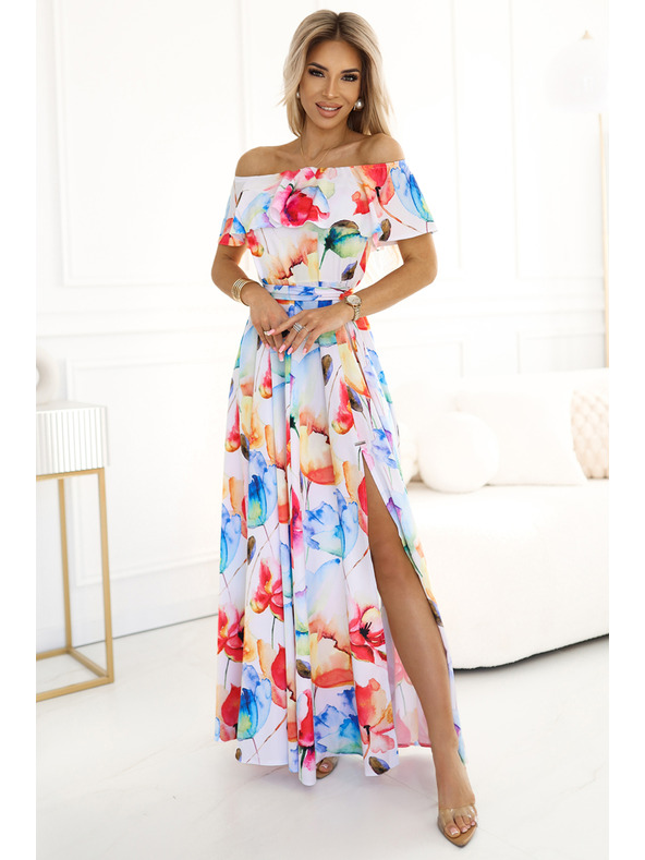 numoco Dolga poletna obleka s pasom - pisan cvetlični vzorec Numoco