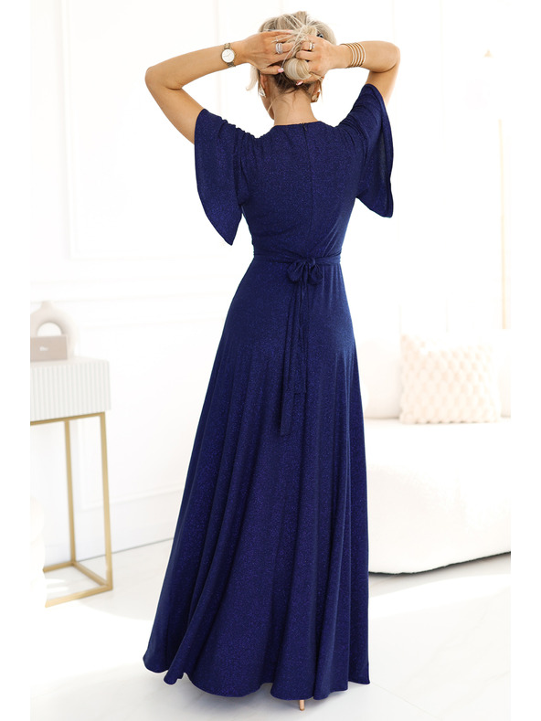 numoco Bleščeča obleka z dolgimi rokavi in izrezom - temno modra z bleščicami Numoco