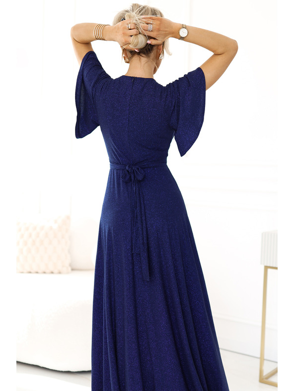 numoco Bleščeča obleka z dolgimi rokavi in izrezom - temno modra z bleščicami Numoco