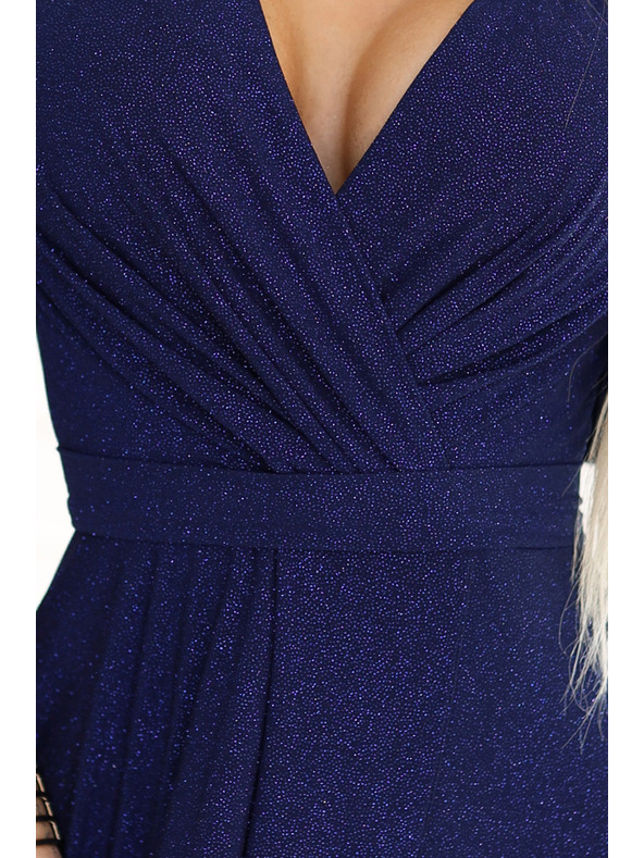 numoco Bleščeča obleka z dolgimi rokavi in izrezom - temno modra z bleščicami Numoco